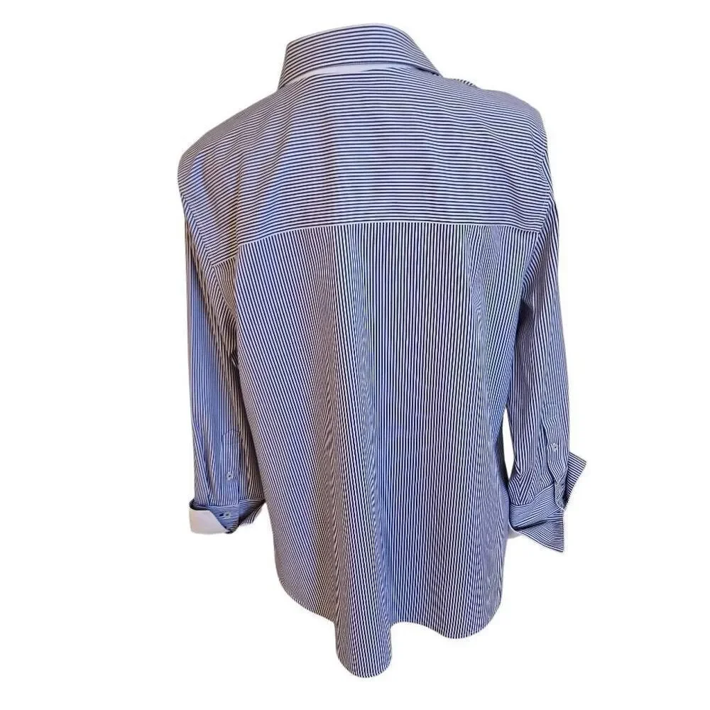 Chicos No Iron Womens Blue White Striped Long Sleeve Button Down Shirt Large